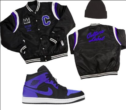 Culture Label varsity jacket, beanie, and sneakers