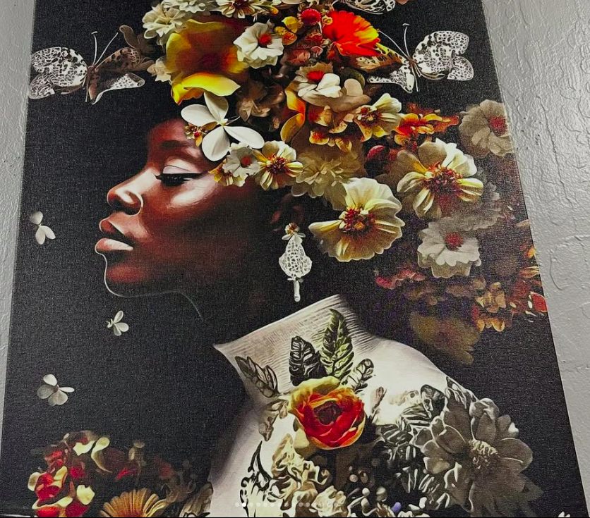 Mixed-media portrait of a woman with a floral crown